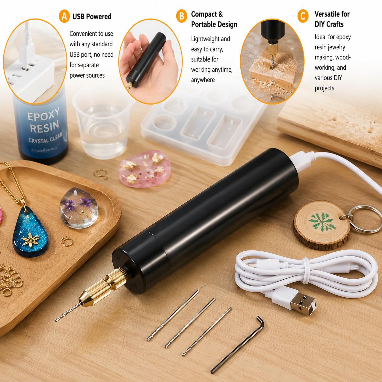 Woodworking Epoxy - ミニ電動ドリル USB給電式 ハンドヘルド回転工具 コードレス彫刻ペン エポキシ樹脂 ジュエリー製作