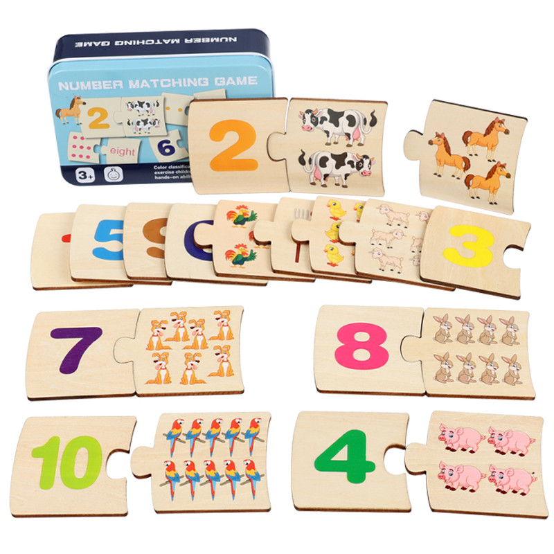 Woodworking For Kids - 子供向け鉄箱ナンバー啓発ペアリング木製動物フードパズルボード論理的思考トレーニングゲーム知育玩具